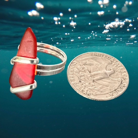 Red and Carolina Blue Pompano Beach Glass Freeform  Adjustable Ring - Picture 3 of 5